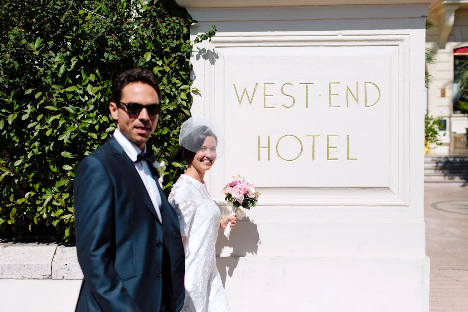 Wedding in Nice French Riviera West-End Hotel Bride and Groom walking on the Promenade des Anglais Luca Vieri Photographer
