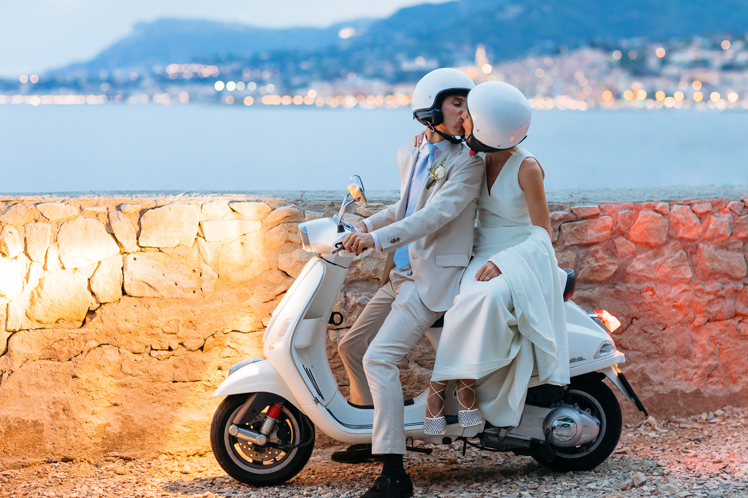 Wedding getaway on Vespa Luca Vieri Photographer French Riviera Italy