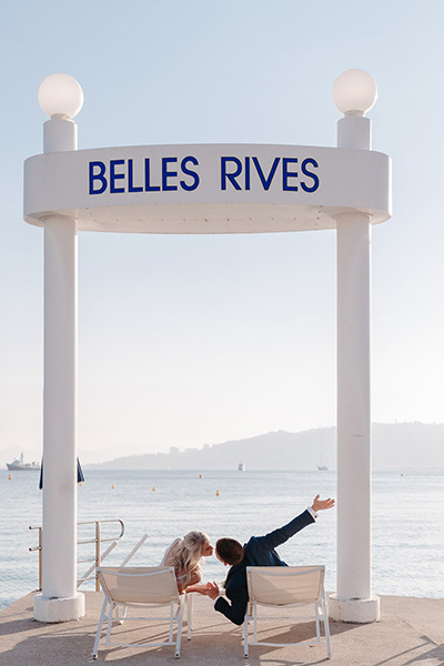 bride and groom just married at Hotel Belles Rives Pier in Cap d'Antibes