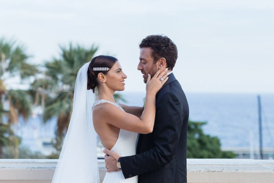 Bride and groom portrait on the terrace of the Monte-Carlo Casino, Monaco