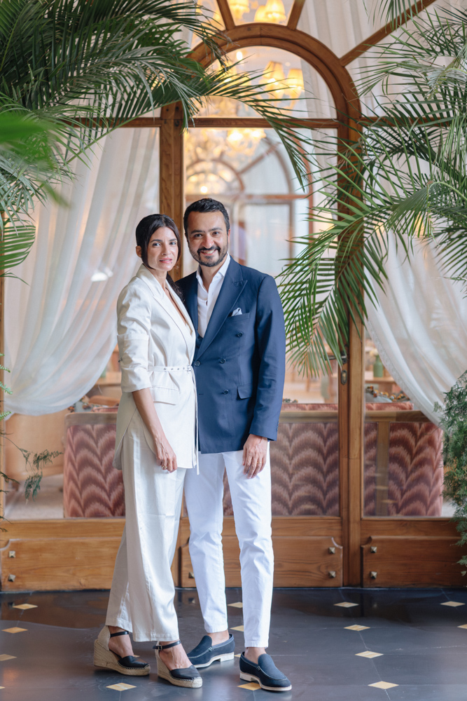Couple standing together inside Hotel Splendido in Portofino