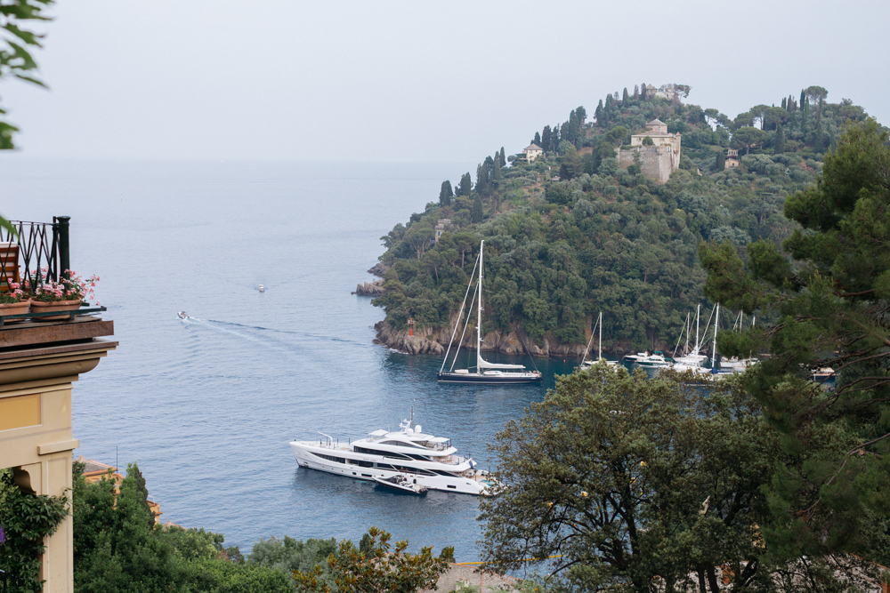 Yacht on the sea below Hotel Splendido in Portofino